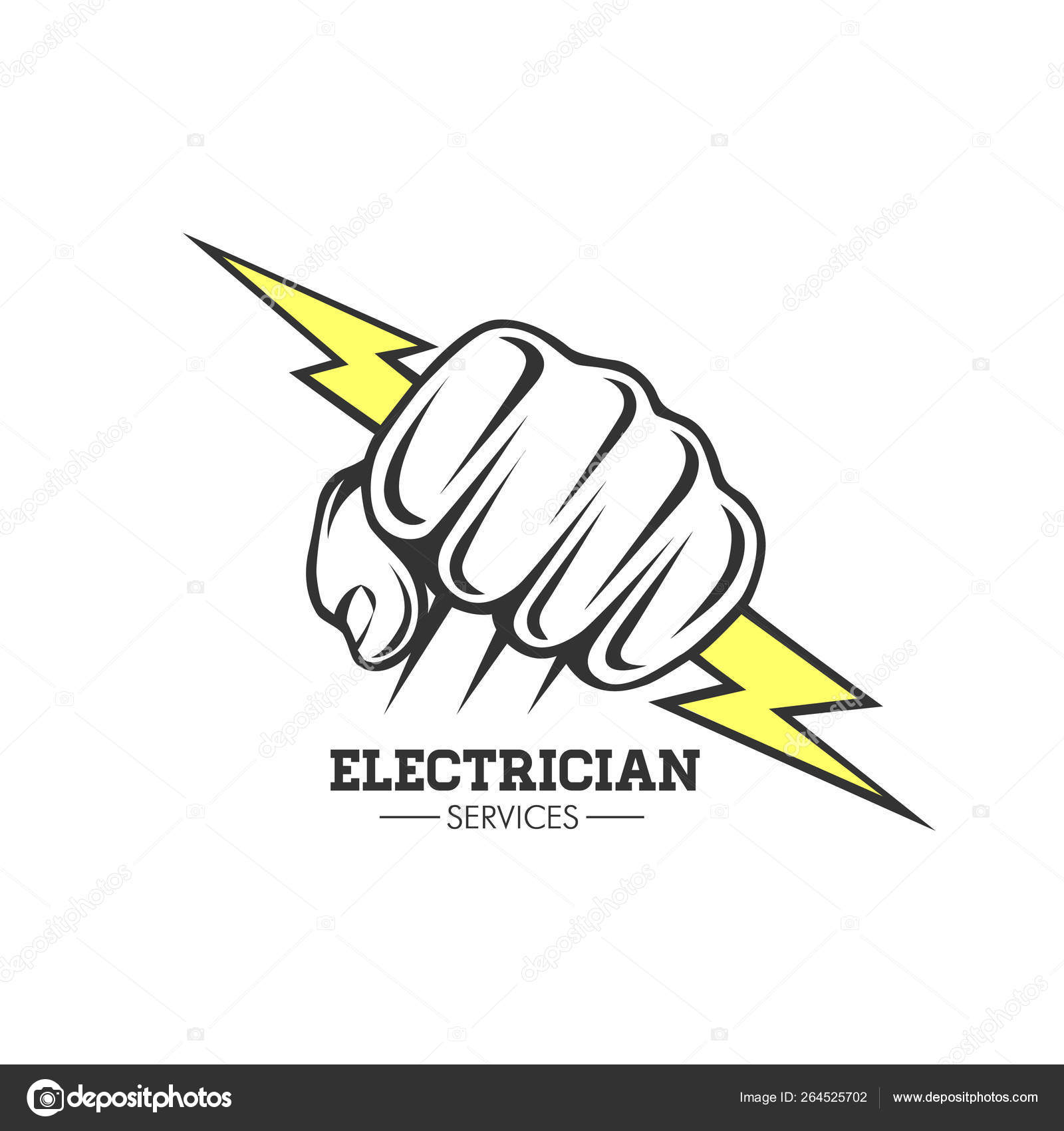 Electrician services Hand holding a lighting Bolt. Symbol, logo. Stock