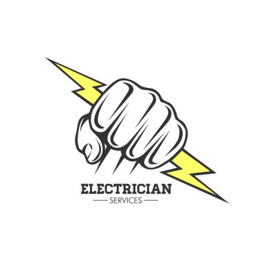 Elektrikçi hizmetleri El bir aydınlatma Cıvata tutarak. Sembol, logo.