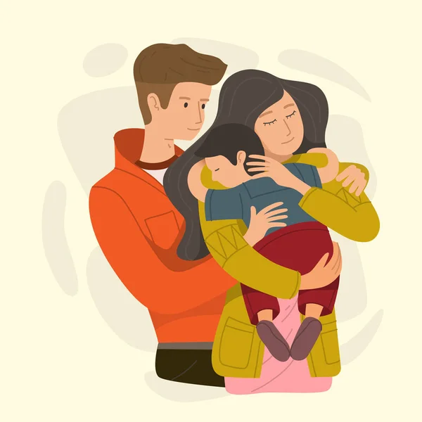 Mamá y papá abrazando a su hijo. Padres felices e hijos en una familia amorosa. Lindos personajes de dibujos animados . — Vector de stock