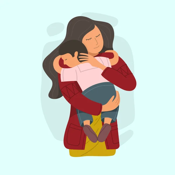 Matka objímá malého syna a vyjadřuje lásku a péči. — Stockový vektor