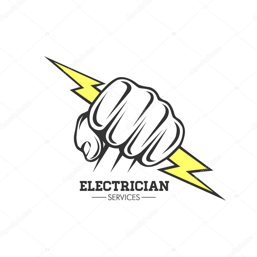 Electrician services Hand holding a lighting Bolt. Symbol, logo.