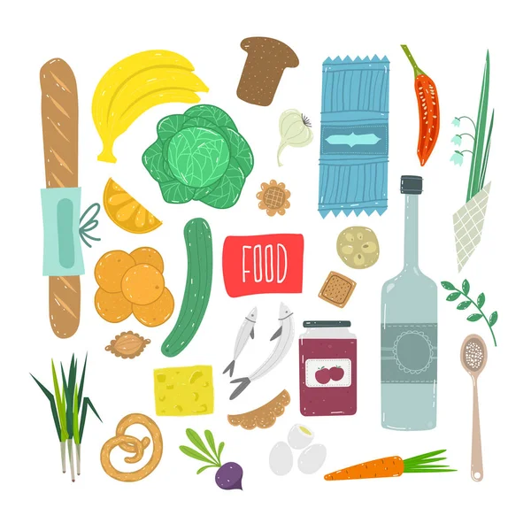 Potravin. Ručně nakreslený soubor zdravé složky potravin s písmem. — Stockový vektor
