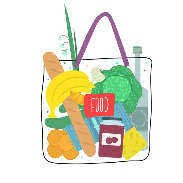 Ilustración vectorial de la bolsa de compras con productos de comestibles . — Vector de stock