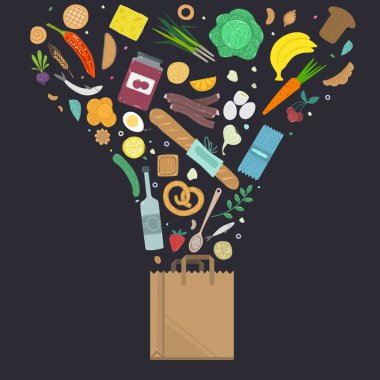 Renkli doğal ürünlerin vektör illüstrasyon çanta düşmek . 