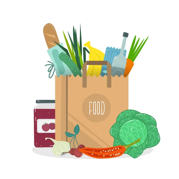 Papierverpackung mit frischen gesunden Produkten. Bioprodukte vom Hof. Gemüse, Brot, Milchprodukte, Wein, Fleisch und Eier. — Stockvektor