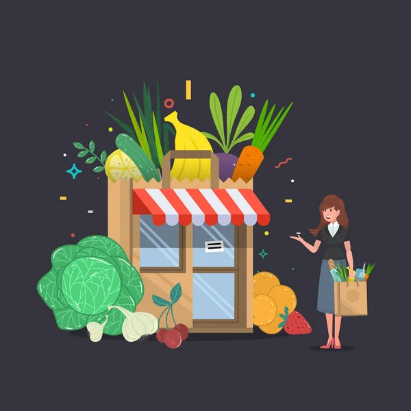 Yerel meyve ve sebze bir kadınla bina mağaza. Mağaza önünde bakkal kasaları. — Stok Vektör