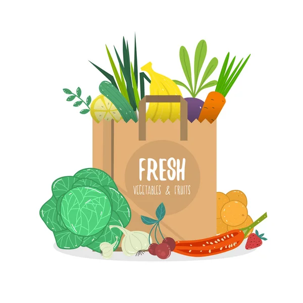 Ilustração em estilo desenho animado vetorial de saco de papel cheio de vegetais orgânicos naturais e frutas . — Vetor de Stock