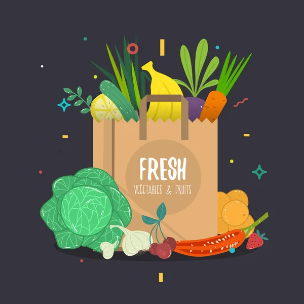 Ilustración de estilo de dibujos animados vectoriales de bolsa de papel llena de verduras y frutas orgánicas naturales . — Vector de stock