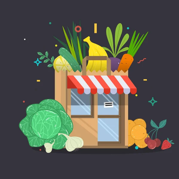 Edificio de la tienda local de frutas y verduras. Cajas de comestibles frente al escaparate . — Vector de stock