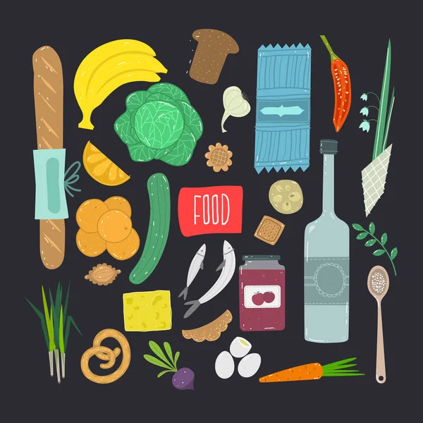 Mat. Handritad uppsättning hälsosam livsmedelsingrediens med bokstäver. — Stock vektor