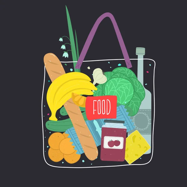 Vector illustratie van Shopping Bag met boodschappen producten. — Stockvector
