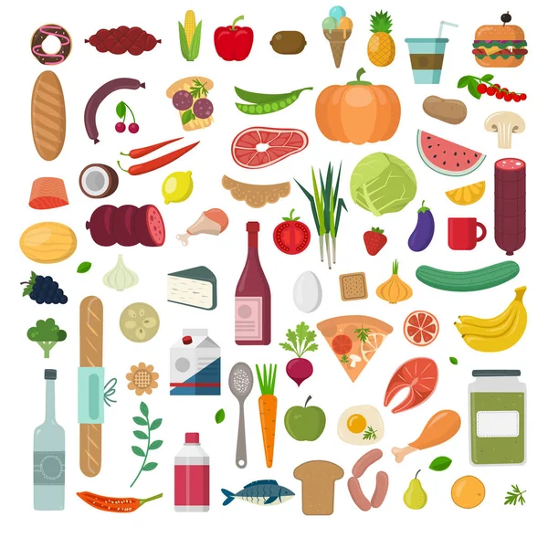 Ilustración saludable del vector alimenticio. Verduras, frutas, carne en estilo plano. Set de alimentos ecológicos . — Vector de stock