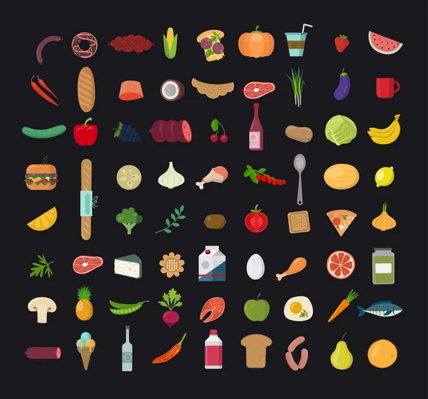 Friska Livsmedel Vektor Illustration Grönsaker Frukt Handplockat Kött Uppsättning Ekologiska — Stock vektor