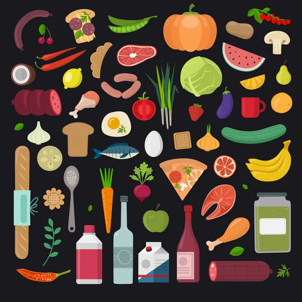 Ilustración Saludable Del Vector Alimenticio Verduras Frutas Carne Extraída Mano — Vector de stock