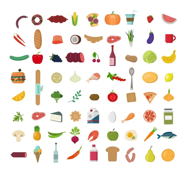 Gran Conjunto Iconos Alimentos Colores Recogida Diversas Comidas Pescados Carnes — Vector de stock