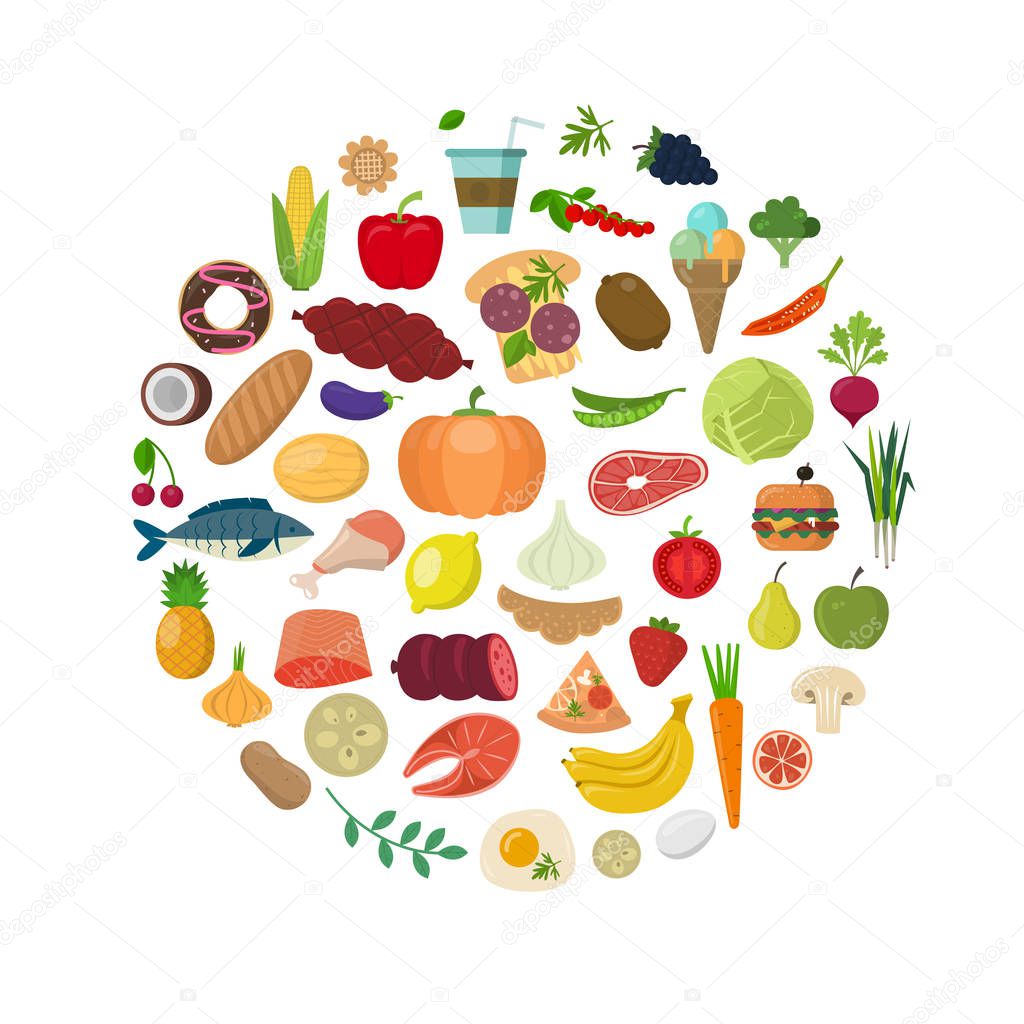 Food circle concept. Healthy food illustraion made in flat style.