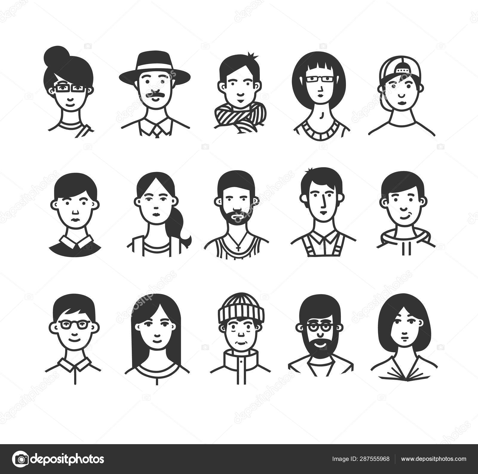 Large collection of cartoon characters or avatars with different hairstyles  and accessories hand drawn with contour lines in one color. Monochrome  vector illustration. Stock Vector Image by ©goodgraphic #287555968