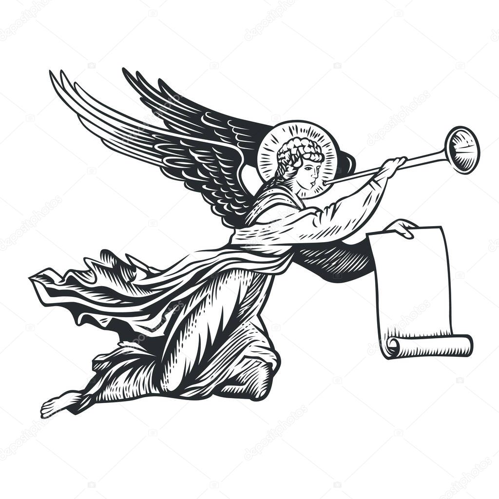 Llustration of the angel god. Vector illustration. Black and white vector objects.