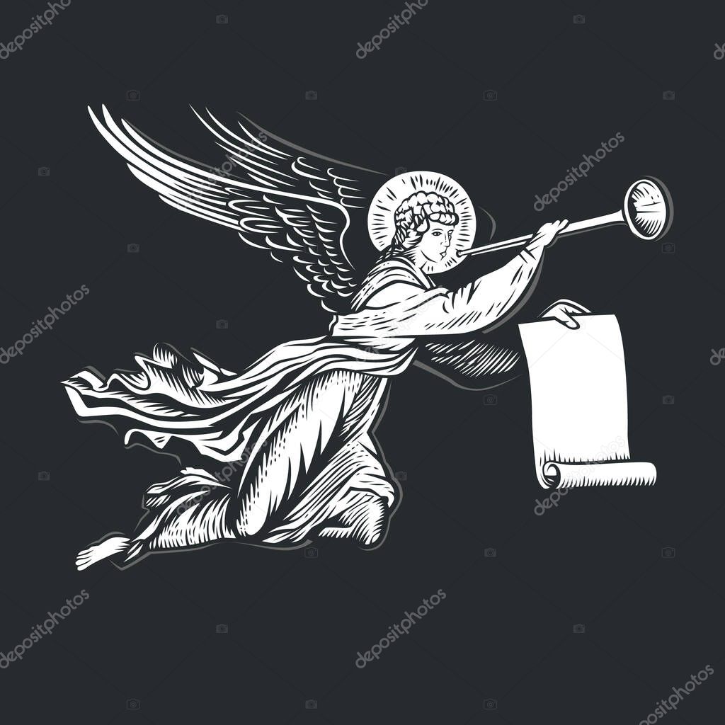 Llustration of the angel god. Black and white vector objects.