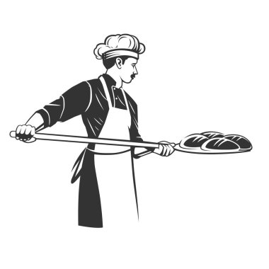 Baker fırından kürek ekmeği alıyor. Vektör çizimi. Siyah ve beyaz vektör nesneleri.