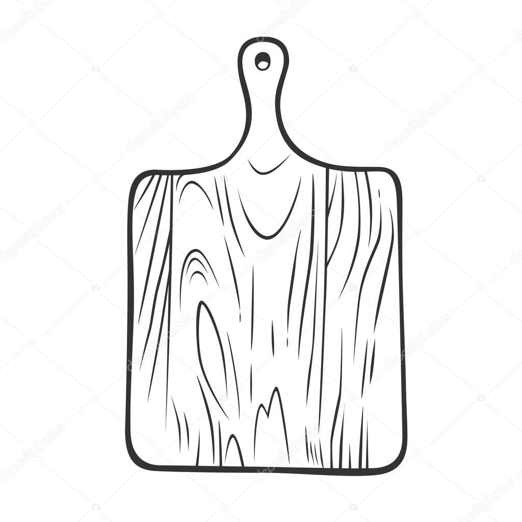 Cutting board. Black and white vector object. Vector antique engraving illustration of cutting board isolated on white background