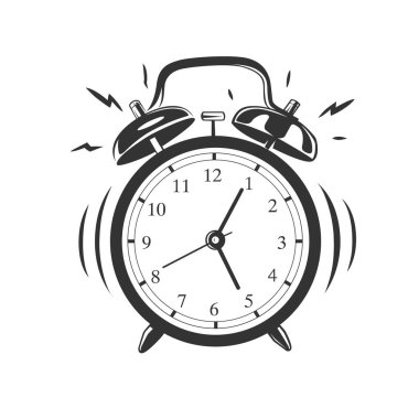 Alarm saati beyaz arkaplanda izole edildi. Vektör çizimi. Siyah ve beyaz vektör nesnesi.