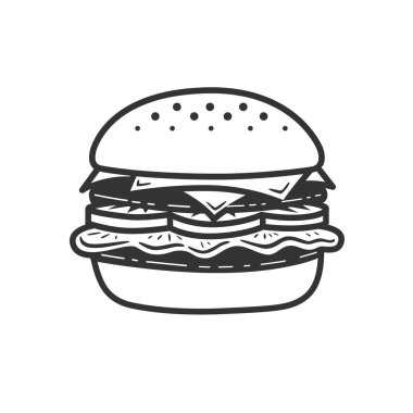 Burger ikonu ya da logo çizgisi sanat tarzı. Vektör çizimi. Siyah ve beyaz vektör nesnesi.