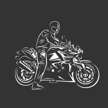 Motosiklet kulübünün eski etiketi. Yarış motosiklet çizimi, tasarım elementleri. Siyah ve beyaz vektör çizimi.