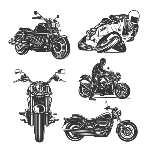 Zestaw Ilustracji Motocykli Izolowanych Białym Tle Ilustracje Wektora Czarno Białego — Wektor stockowy