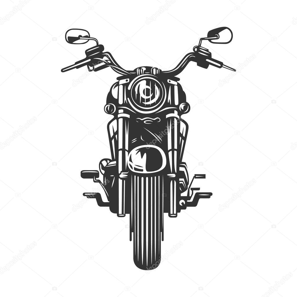 Chopper motorcycle front view isolated on white background. Black and white vector illustration.