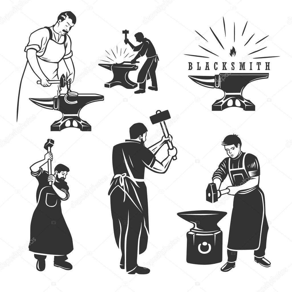 Set of vintage blacksmith labels and design elements. Vector illustration. Black and white vector object.