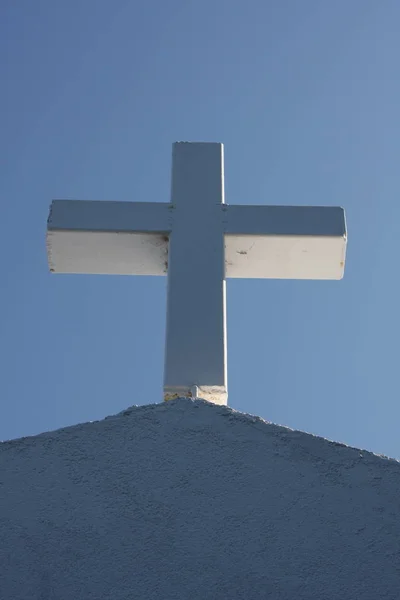 Iglesia Ortodoxa Griega Cicládica Isla Paros Grecia Cruz Blanca Contra — Foto de Stock