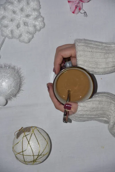 Kerstmis Thuis Samenstelling Met Decoratie Koffie Tijd — Stockfoto