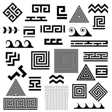 Tipik Mısır, Asur ve Yunan motifleri simgeler kümesi vektör. Yunan anahtar. Arapça geometrik İslam sanatı. Soyut geometrik. Vektör ve illüstrasyon.