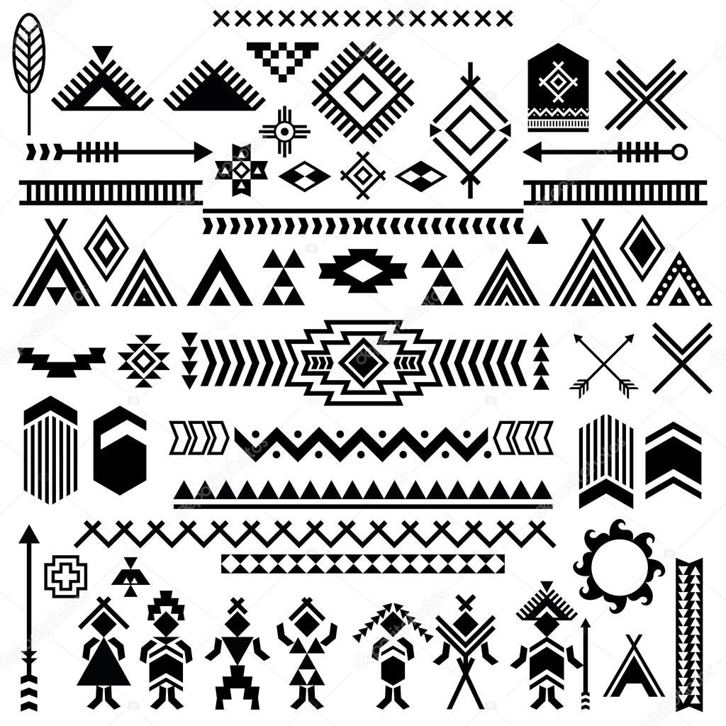Vector patterns of American. Typical Indians motives vector symbols. Aztec tribal ethnic elements. Vector and illustration.