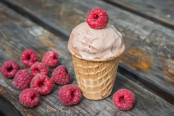 Gelato in cialda Tazza con lamponi — Foto Stock