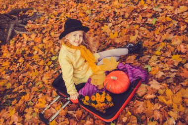 Sonbahar arka planda büyük kabak ile küçük güzel sarışın kız