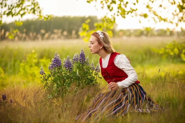 Mujer letona en ropa tradicional en el campo . —  Fotos de Stock