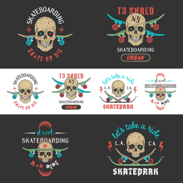 Skateboarding crânio emblema conjunto —  Vetores de Stock
