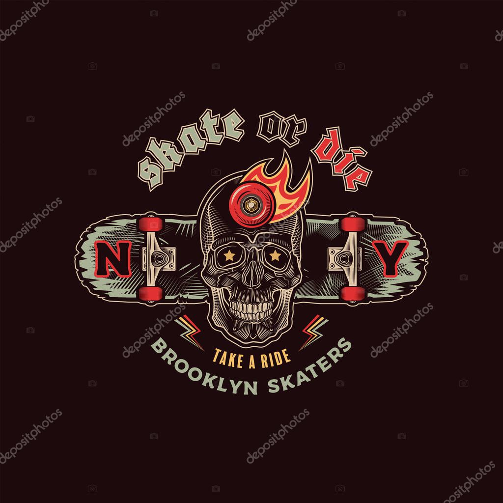 Skateboarding emblem with skull and skateboard. Print graphic and web design. Color vector illustration.