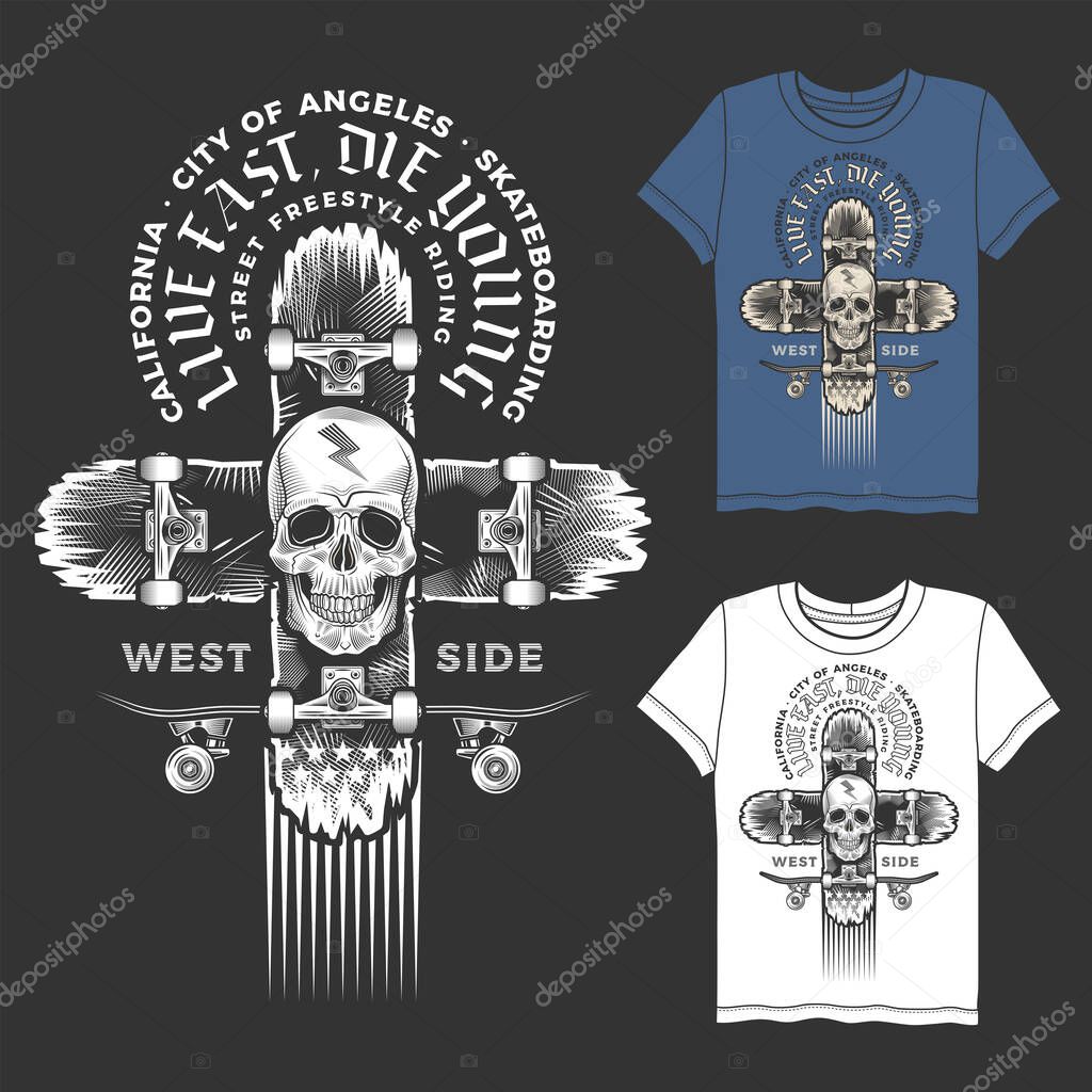 Skateboarding emblem with skull and crossed skyboards. Inscription LIVE FAST, DIE YOUNG. Print graphic and web design. Monochrome vector illustration.