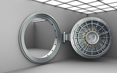 Büyük bir açık kasa kapısı arka plan yüksek çözünürlükte 3d render