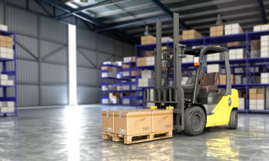 Ambar büyük bir depo teslim arka plan 3d resimde forklift kavramı