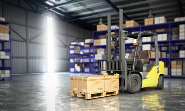Ambar büyük bir depo teslim arka plan 3d resimde forklift kavramı