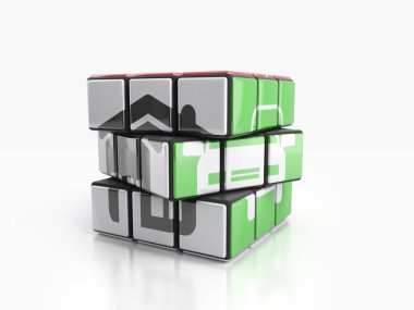 Kavramı kasıtlı çözüm ev ve araba bir küp rubik 3d render beyaza boyanmış
