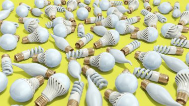 farklı aydınlatma 3d set ampul üzerinde sarı arka plan render