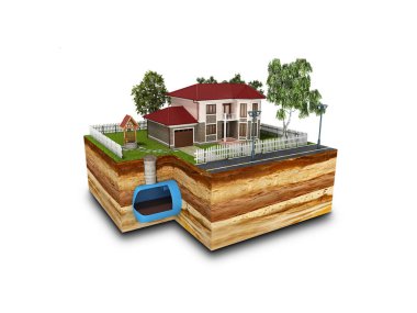 Kanalizasyon kavramı üzerinde beyaz bir özel ev 3d render içinde
