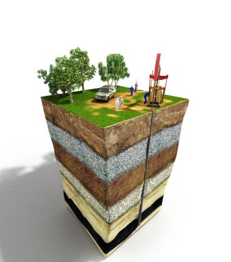 Petrol sondaj sondaj kavram Mühendislik Doğalgaz Boruları rafineri gaz önünde kağıt üzerinde yazılı ve düz petrol infographics ve tasarım için 3d çizim