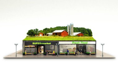 bakkal süpermarketler ile çatı 3d render beyaz bir çiftlikte ekolojik saf gıda kavramı vitrinler