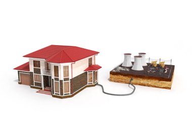 Ekolojik temiz enerji ev kavramı termik santral 3d render beyaz üzerine bağlı